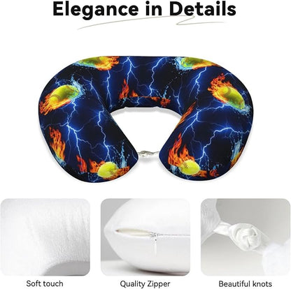 Neck Travel Pillow, Breathable Memory Foam Chin & Head Support Cushion Blue Lightning Water Fire Flame Softball for Airplane Car Sleeping Rest