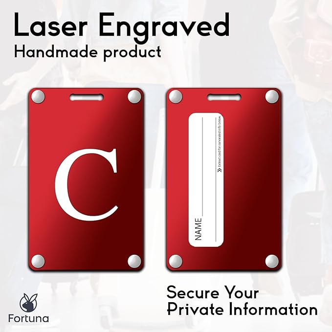 Premium 3-Layer Aluminum Luggage Tags by Fortuna - Easy to Claim, Laser-Engraved, Plastic-Free, and Eco-Friendly Luggage Tag Holders, 2-Pack, Red (C)