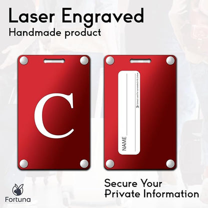 Premium 3-Layer Aluminum Luggage Tags by Fortuna - Easy to Claim, Laser-Engraved, Plastic-Free, and Eco-Friendly Luggage Tag Holders, 2-Pack, Red (C)