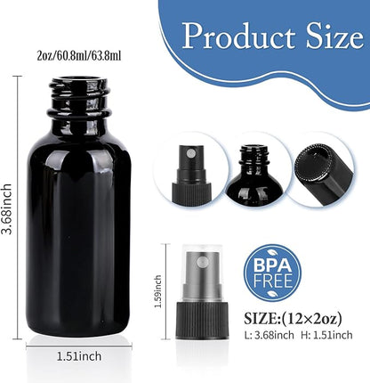 2oz Glass Spray Bottle, Fine Mist Boston Glass Bottles with Black Fine Mist Sprayer Small Clear Bottles for Essential Oils, Bath, Beauty, Hair & Cleaning, UV Black, Pack of 12