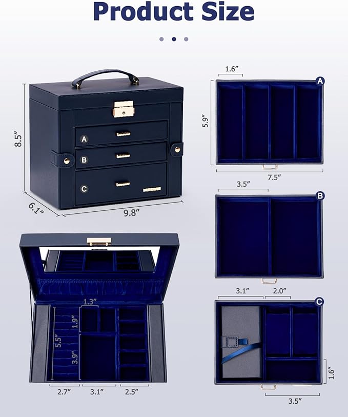 Homde 2 IN 1 Jewelry Box for Women Girls with Small Travel Case Mirror Necklace Ring Earrings Organizer - Christmas Gifts (Dark Blue + Gold)