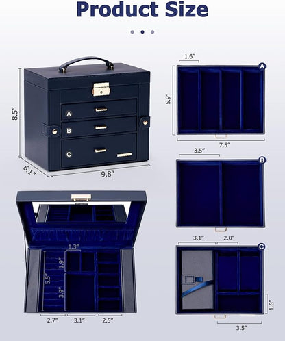 Homde 2 IN 1 Jewelry Box for Women Girls with Small Travel Case Mirror Necklace Ring Earrings Organizer - Christmas Gifts (Dark Blue + Gold)