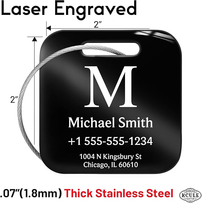 Stainless Luggage Tags for Suitcases 4 Pack: Metal Personalized Luggage Tags for Backpacks & Bags with Customizable Texts (Black)