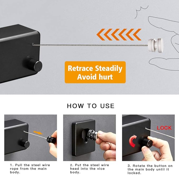 BESy Retractable Clothesline ABS case+Aluminum Dryer with Adjustable Stainless Steel Double Rope String Hotel Style Heavy Duty,Wall Mounted Method, 13.8 Feets,Black