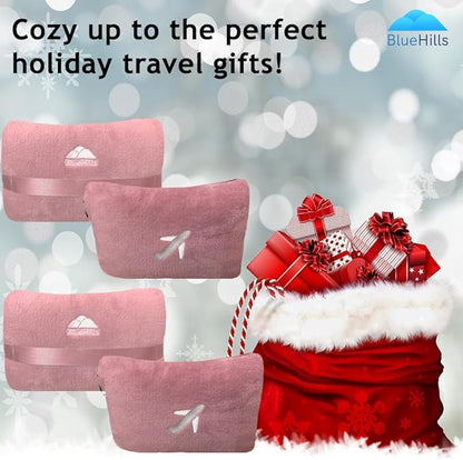 BlueHills 2 Pack Travel Blanket Pillow in Mini Soft Case Premium Plush Airplane Blankets Soft Bag Compact with Luggage Belt and Backpack Clip Small Traveling Pillows Lightweight Accessories - Pink M22