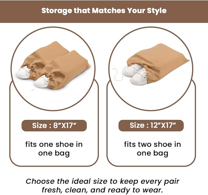 LFH Cotton Rich Shoe Storage Bags with Drawstring, Dustproof Breathable Reusable Organizer, Perfect For Travel, Dorm, Hotel, College, Gym, Easy to Carry, Machine Washable 8"x17" (Pack of 6) - Beige