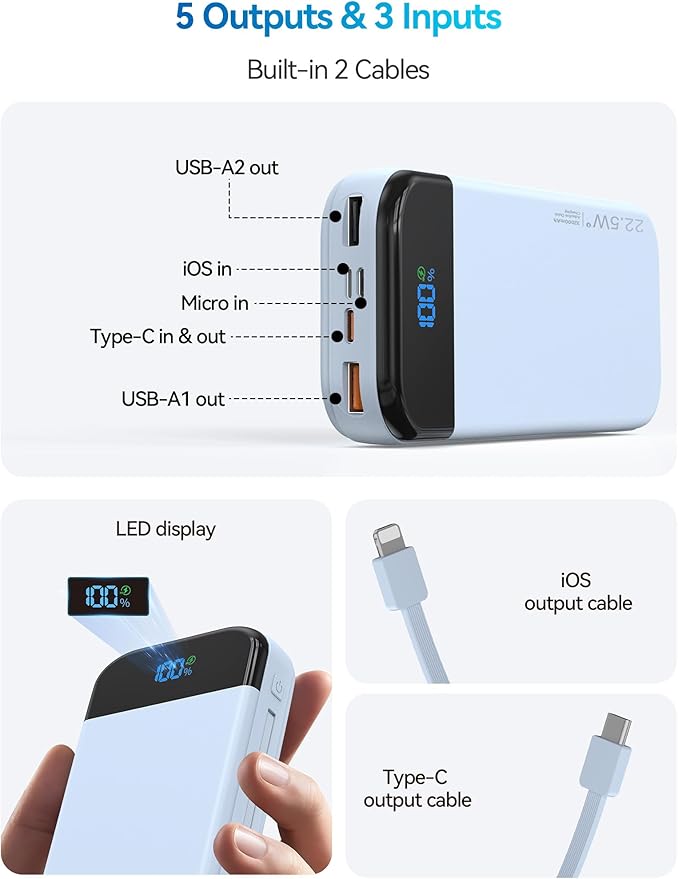 Portable Charger Power Bank 32000mAh with Built in Cables, PD3.0 USB C Fast Phone Charger, 5 Outputs LCD Display Travel Battery Pack Compatible with iPhone, Samsung All Cell Phones (Blue)