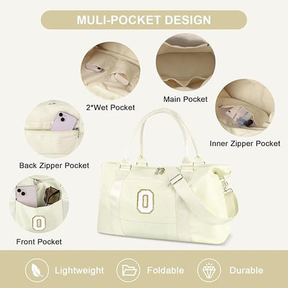 Dance Gym Duffel Bag for Teen Girls, Personalized Initial Travel Weekender Bag,Cute Overnight Carry On Duffle for Women,Sports Travel Cheer Bag,Monogram Christmas Gifts for Tween Preppy(beige-O)