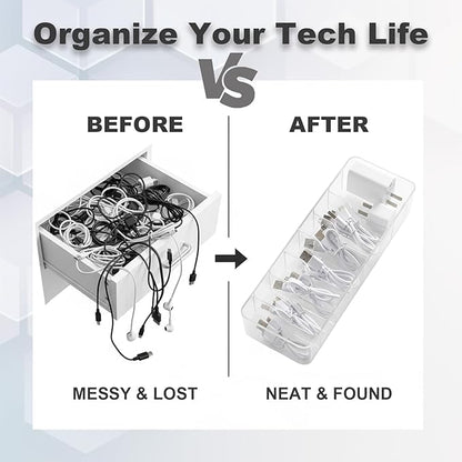 ZILAMGOO 4 Pack Plastic Cord Organizer Box with 40 Wire Ties, Electronics Accessories Storage Case, Clear Cell Phone Cord Storage Organizer with 8 Compartments for Home Office Desk Organizers