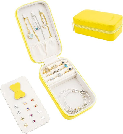 BONNY DODO Small Travel Jewelry Organizers Box for women with PU Leather Portable Mini Jewelry Case with compartments for Necklace Rings Earrings,Luxury Giftable boxes. (Yellow, M)