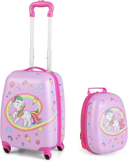 KOTEK Kids Carry On Luggage Set, 16" Hardside Rolling Suitcase with Spinner Wheels, Travel Rolling Luggage for Boys Girls (Pink Unicorn)