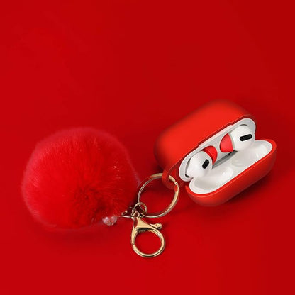 Protective Case Cover for Airpods Pro Charging Case with Ear Tips 1 Pair Kit, Air Pods Silicone Case with Soft Cute Ball Pom Pom Keychain Kit Together with Ear Buds Tips 2&1 (X, Red)
