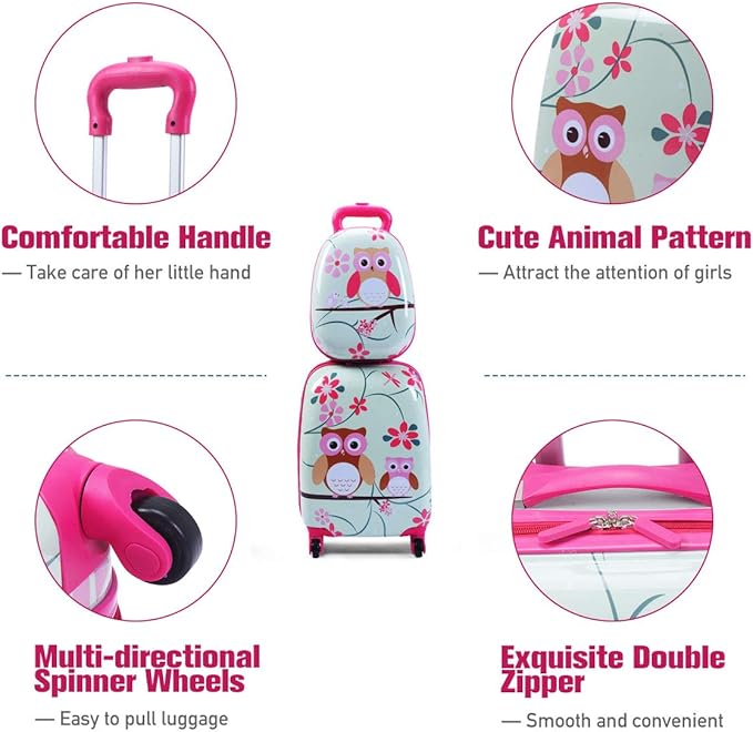 HONEY JOY Kids Luggage, 12” Travel Backpack & 16” Hard Shell Toddler Suitcase, Children Rolling Luggage with Wheels, Retractable Handle & 4 Casters, 2Pcs Carry On Luggage Set for Boys Girls (Owl)