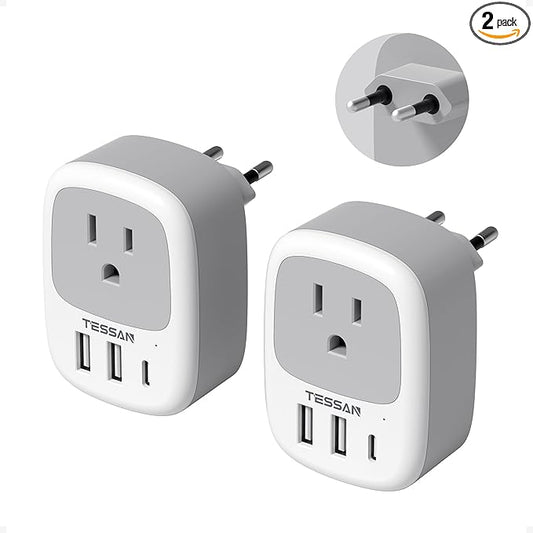 2 Pack European Travel Plug Adapter, TESSAN US to Europe Plug Adapter with 3 USB Ports (1 USB C), Type C Power Outlet for EU International Italy Iceland Spain France Germany