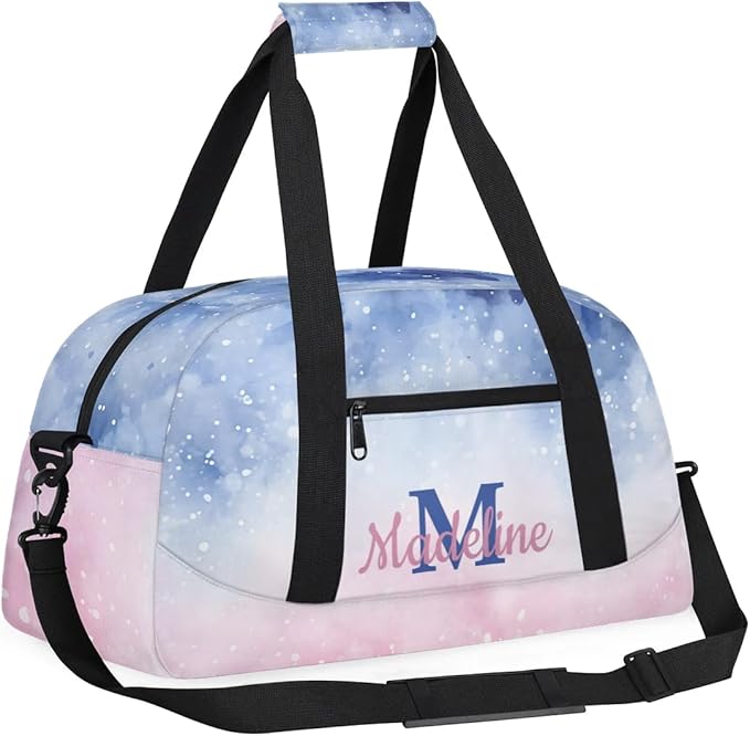 Personalized Kids Sports Duffel Bag with Name Custom Weekender Overnight Bag for Boys Girls Gym Bag Travel Dance Gymnastics Duffel Bag, Watercolor Nebula Pink Galaxy