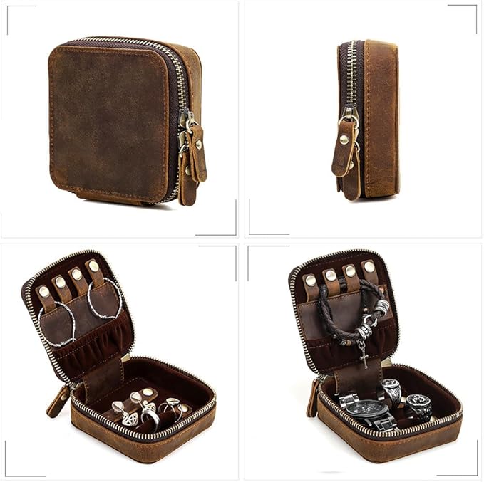 CONTACTS Crazy Horse Leather Travel Jewelry Case Small Jewelry Box Travel Organizer for Rings, Necklaces, Earrings Watches Storage Case, Brown