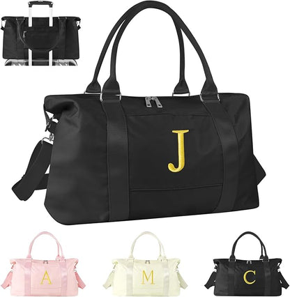 Personalized Initial Gym Dance Bag, Travel Duffel Bag for Teen Girls, Carry On Bag Overnight Weekender Bag with Trolley Sleeve, Birthday Gifts for Women Mom Daughter Graduation Gift(Letter J, Black)