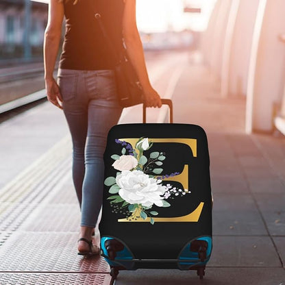 Flower Letter E Black Luggage Cover Elastic Washable Stretch Suitcase Protector Anti-Scratch Travel Suitcase Cover for Kid and Adult XL (29-32 inch suitcase)