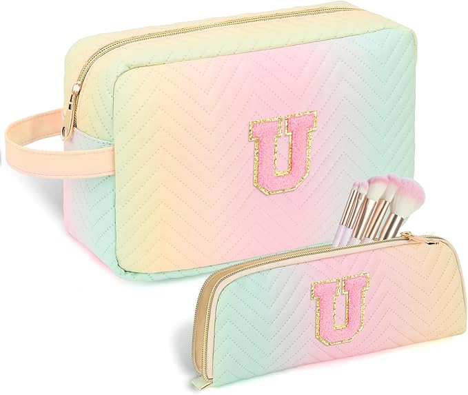 Personalized Initial Makeup Bag Trendy Stuff Leather Waterproof Cosmetic Bag Travel Toiletry Bag, Christmas/Thanksgiving/Halloween Gifts Makeup Organizer Case for Women Girls Mom Girlfriend Wife