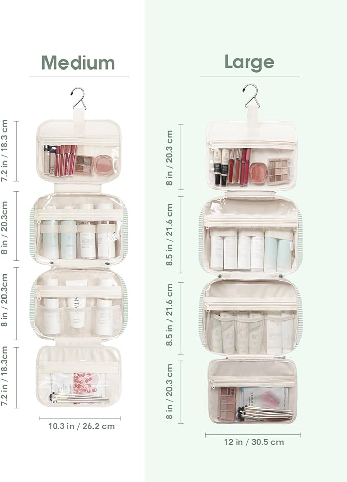 Narwey Striped Travel Toiletry Bag for Women Large Hanging Makeup Bag Organizer Toiletries Bag for Full Size Essentials Accessories Cosmetics (Mint Green Stripe (Large))