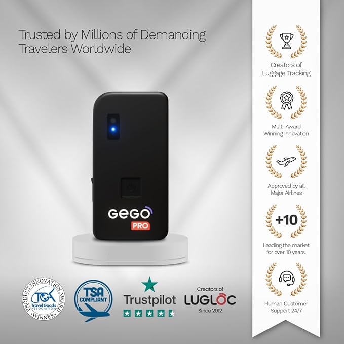 GEGO PRO - GPS Luggage Tracker, Real-Time Global Tracking for Bags, Luggage & Travel Gear, No BT Limits, Bag-Opening Alerts, Smart Travel Features, Multi-Network SIM (Subscription Required)