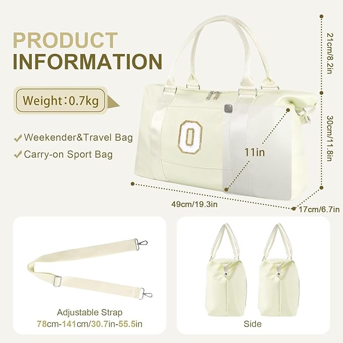 Dance Gym Duffel Bag for Teen Girls, Personalized Initial Travel Weekender Bag,Cute Overnight Carry On Duffle for Women,Sports Travel Cheer Bag,Monogram Christmas Gifts for Tween Preppy(beige-O)