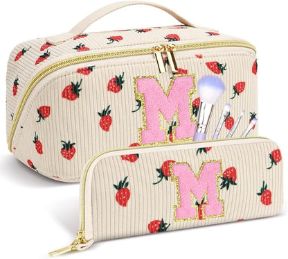 Personalized Travel Makeup Bag Set,Initial Travel Strawberry Makeup Organizer Bag,Toiletry Skincare Cosmetic Bag,Christmas Gifts for Women/Girls,Open Flat Toiletry Pouch with Brush Pocket-M