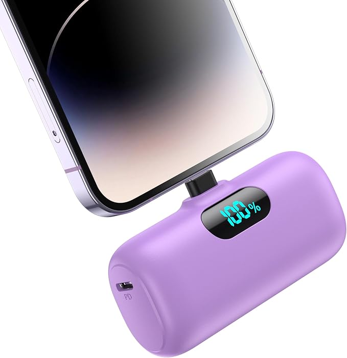 Mini Portable Charger for iPhone,Upgraded 5000mAh PD Fast Charging Battery Pack,LCD Display Cute Power Bank Portable Phone Charger for iPhone 14/14 Pro Max/13/13 Pro/12 Pro/11/XS/XR/X/8/7/6-Purple