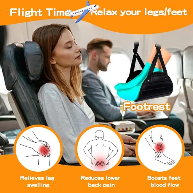 Airplane Foot Hammock, Ergonomic Foot Hammock for Plane Travel with Eye Mask and Earplugs (Memory Foam),Perfect Airplane Gadgets or Plane Travel Essentials to Relax Your Feet