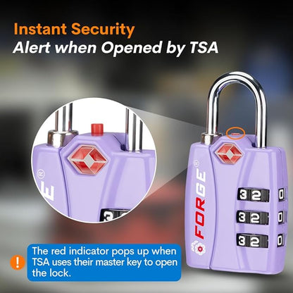 Forge Luggage Locks TSA Approved 4 Pack Purple, Small Combination Lock with Zinc Alloy Body, Open Alert, Easy Read Dials, for Travel Suitcase, Bag, Backpack, Lockers.