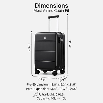 Hanke Expandable Carry On Luggage 22x14x9 Airline Approved, 20 Inch Hardside Luggage with Spinner Wheels, All-PC Hard Shell Carry-On Suitcase, Lightweight & TSA Approved (Jet Black, 46L)