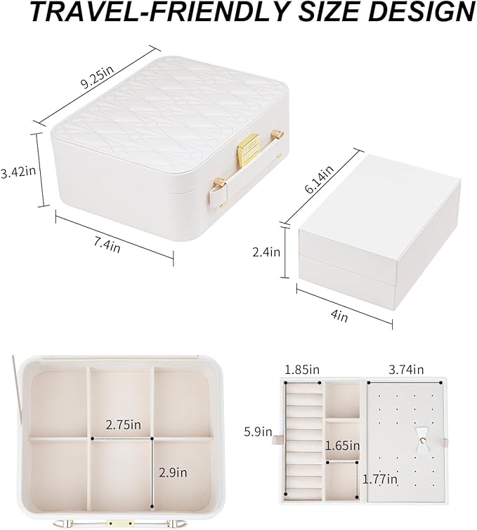 White Jewelry Box - Large Travel Jewelry Case Organizer, 2 Layer Holder, Women's Watch Case
