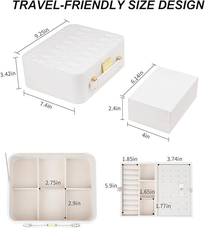 White Jewelry Box - Large Travel Jewelry Case Organizer, 2 Layer Holder, Women's Watch Case