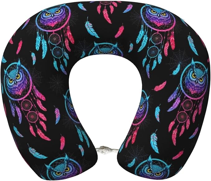 Neck Pillow Memory Foam Travel Pillows Comfortable for Airplane Flight Car Travel Office Nap and Sleeping, Funny Cushion for Head Shoulder Boho Owl Dream Catcher