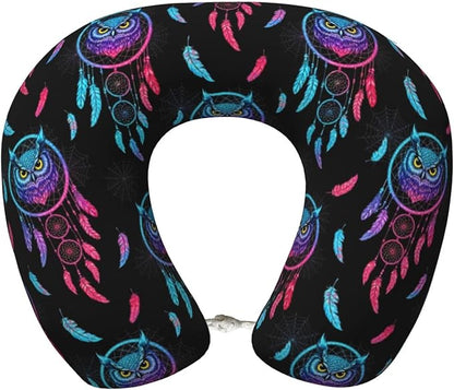Neck Pillow Memory Foam Travel Pillows Comfortable for Airplane Flight Car Travel Office Nap and Sleeping, Funny Cushion for Head Shoulder Boho Owl Dream Catcher