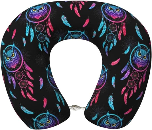 Neck Pillow Memory Foam Travel Pillows Comfortable for Airplane Flight Car Travel Office Nap and Sleeping, Funny Cushion for Head Shoulder Boho Owl Dream Catcher