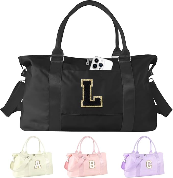 Dance Gym Duffel Bag for Teen Girls, Personalized Initial Travel Weekender Bag,Cute Overnight Carry On Duffle for Women,Sports Travel Cheer Bag,Monogram Christmas Gifts for Tween Preppy(black-L)