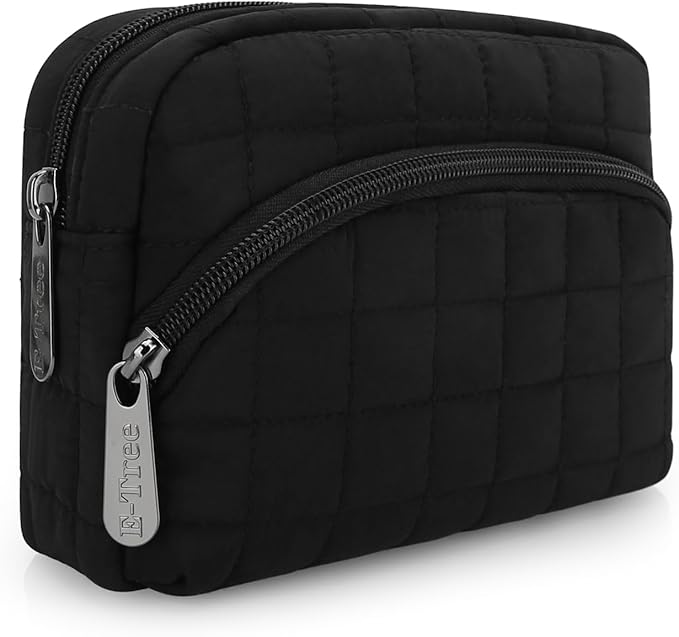 E-Tree Makeup Bag, Quilted Cosmetic Bag for Women, Puffer Make up Pouch for Purse,Travel Toiletry Organizer Case Black