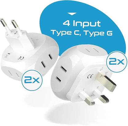 Ceptics Europe Travel Adapter Plug Set Schuko - 4 Input - Ultra Compact - Light Weight Type C, Type G - USA to Any Type C, G Countries UK, Ireland, Germany, France - 4 Pack (PT-9C-7-4PK),White