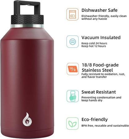 BJPKPK Half Gallon Water Bottle Insulated, Dishwasher Safe 64 oz Water Bottle with Handle, Leakproof BPA Free Thermal Flasks, Large Stainless Steel Jug for Sports, Brick Red