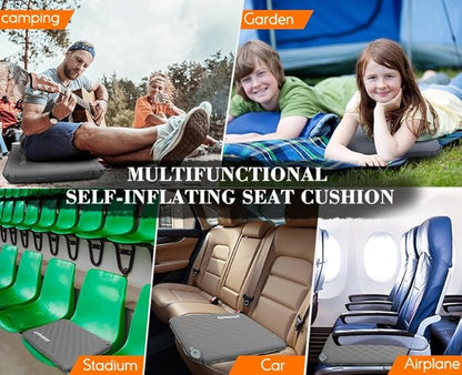 Inflatable Seat Cushion, Self-Inflating Memory Foam Stadium Seats Cushion Portable Camping Air-Foam Sitting Pad for Travel Airplane Car Bleachers Backpacking Office, Lightweight & Compact