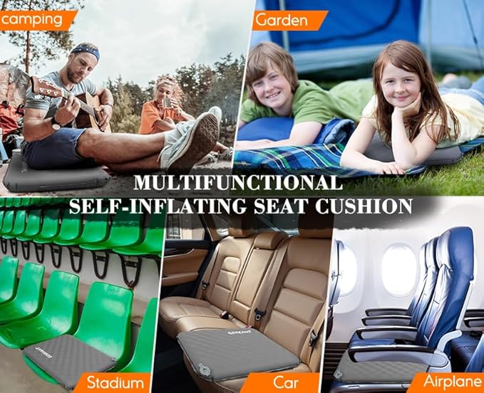 Inflatable Seat Cushion, Self-Inflating Memory Foam Stadium Seats Cushion Portable Camping Air-Foam Sitting Pad for Travel Airplane Car Bleachers Backpacking Office, Lightweight & Compact