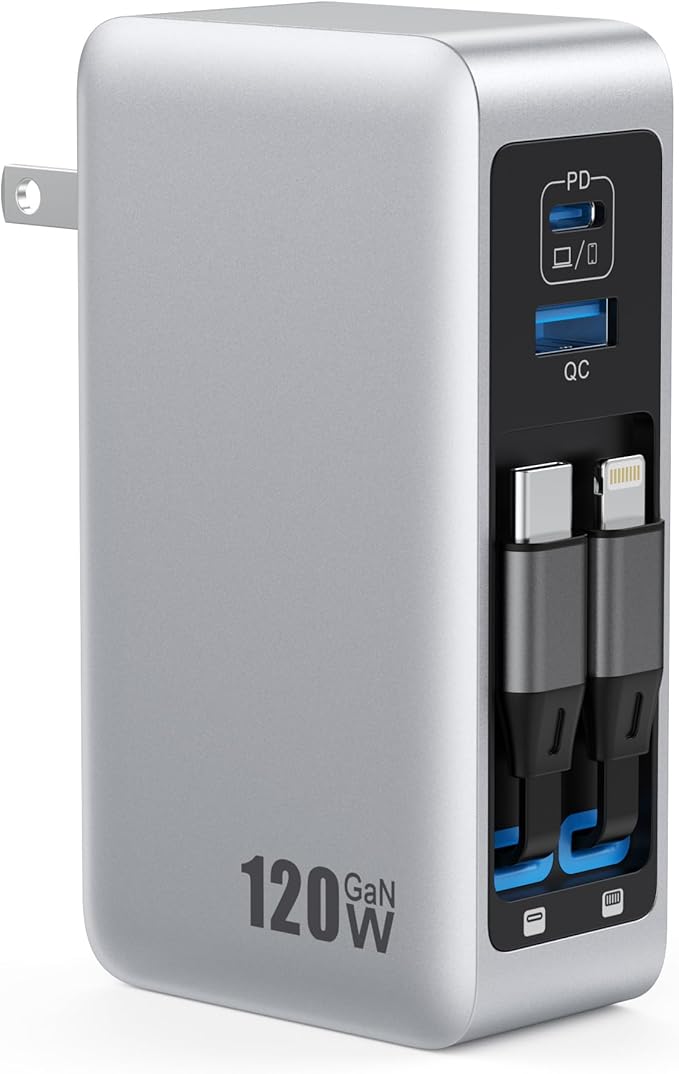 120W USB C Charger Block with 2 Built-in Retractable Cables,4-in-1 GaN IV Foldable Plug Wall Charger Fast Charging Station,PD 65W Laptop Adapter for MacBook/iPad,iPhone 17/16/15/14,Galaxy,Android etc