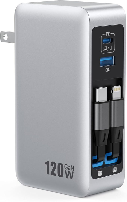 120W USB C Charger Block with 2 Built-in Retractable Cables,4-in-1 GaN IV Foldable Plug Wall Charger Fast Charging Station,PD 65W Laptop Adapter for MacBook/iPad,iPhone 17/16/15/14,Galaxy,Android etc