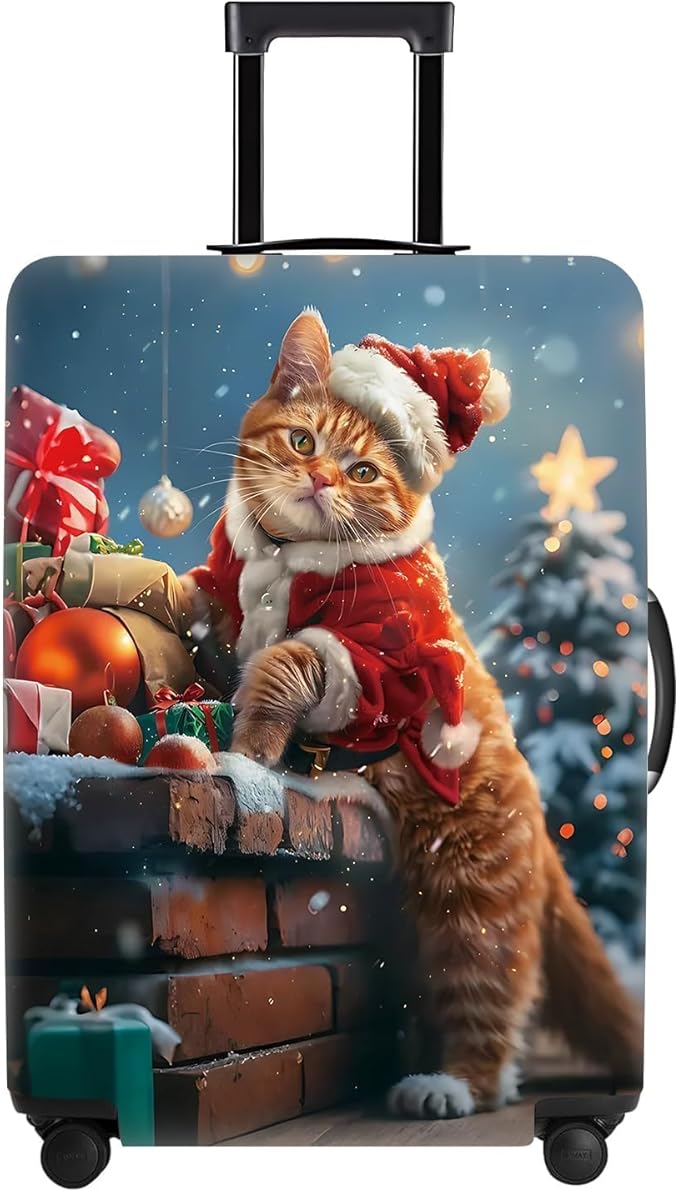Christmas Cat Luggage Cover – Cute Santa Kitty Suitcase Protector, Holiday Travel Luggage Sleeve, Stretchable & Waterproof,S