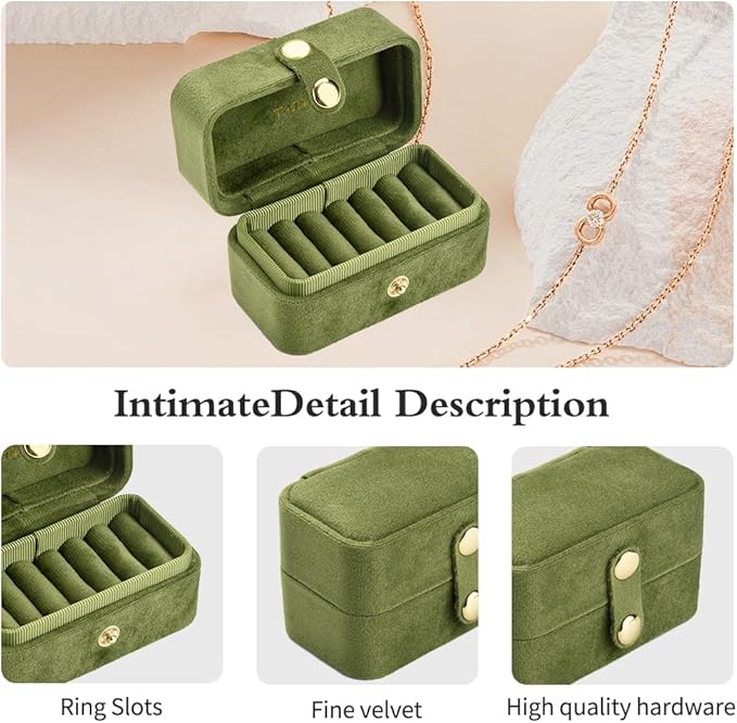 TAIMY Travel Jewelry Case, Portable Pocket Size Small Plush Velvet Ring Box for Women, Mini Ring Holder and Organizer with 7 slots for purse(Avocado Green)