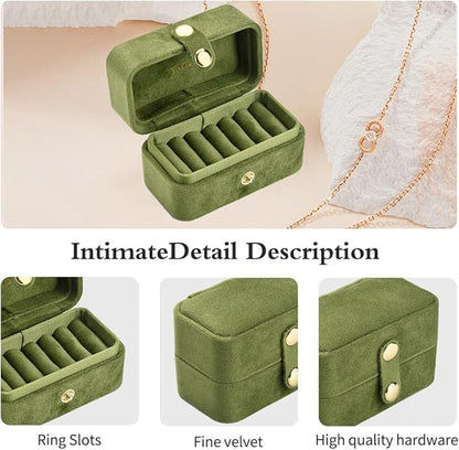 TAIMY Travel Jewelry Case, Portable Pocket Size Small Plush Velvet Ring Box for Women, Mini Ring Holder and Organizer with 7 slots for purse(Avocado Green)