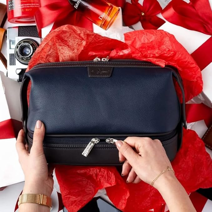 Vetell Leo Large Leather Men's Travel Toiletry and Shaving Case Bag with Upper and Lower Zippered Compartments, 3 Interior Loops and Carrying Handles