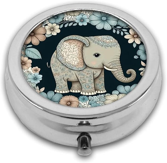 Pill Box,Floral Elephant Round Pill Box 3 Compartment Decorative Pocket Purse Portable Mini Travel Medicine Tablet Vitamin Holder Organizer Pill Case