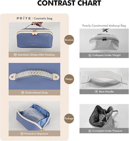 Prite Makeup Bag for Women Travel Waterproof Vegan Leather Cosmetic Bag Open Flat Toiletry Bag With Clear Divider and Handle (Blue)